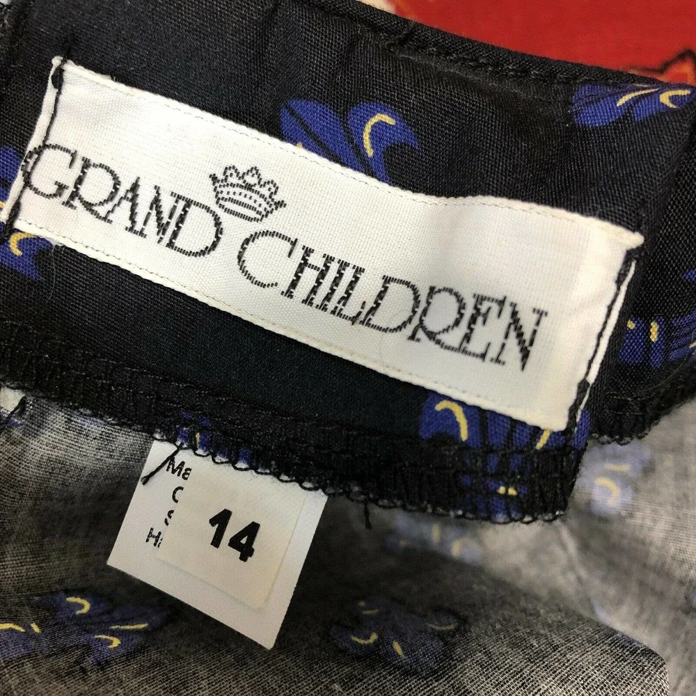 VINTAGE Grandchildren Dress 1980s Sz 14 NWT Black Blue Fleur De Lis Poof Sleeve - Picture 3 of 7